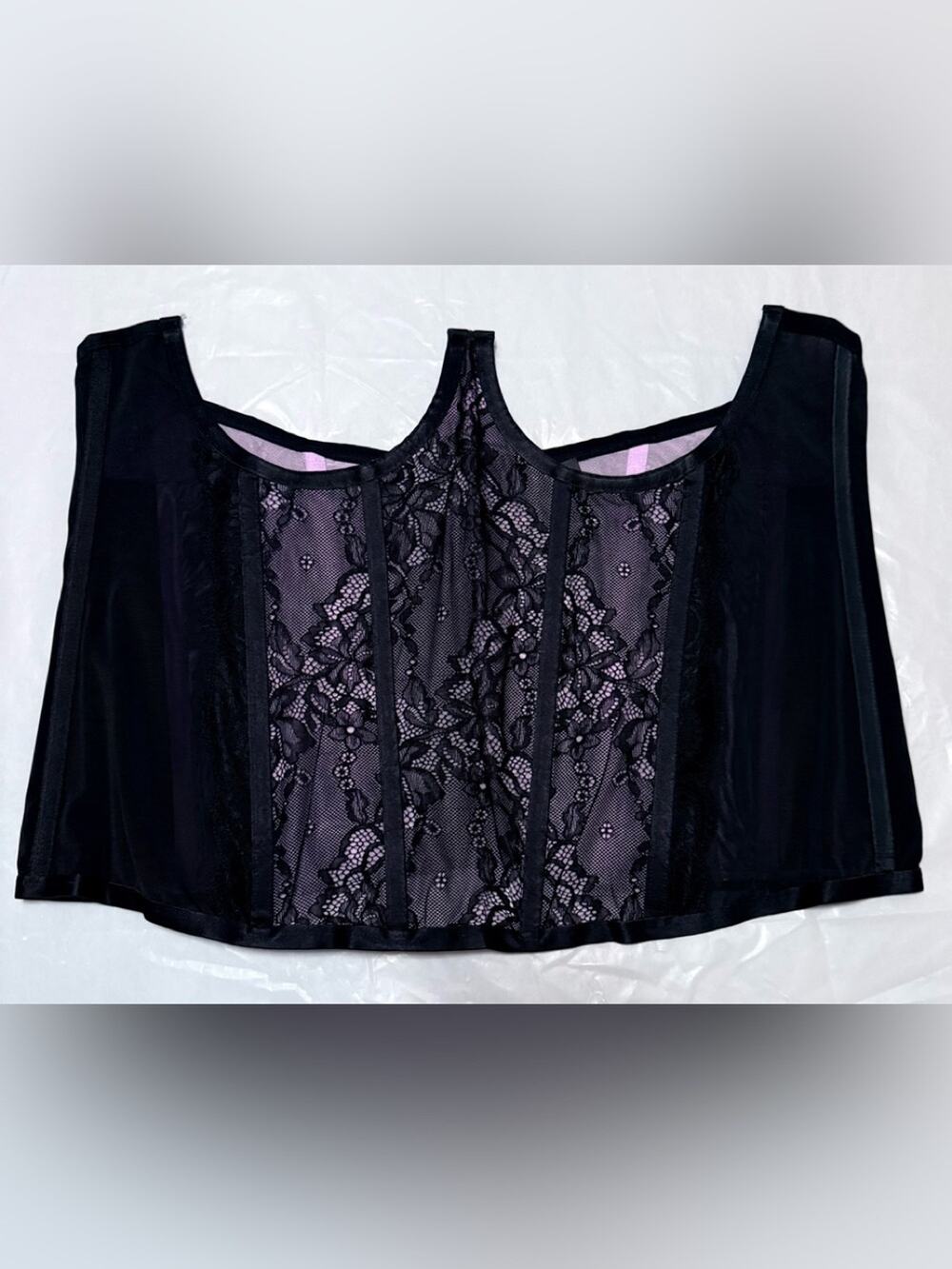 torrid Black Lace Corset Top with Lilac Underlay